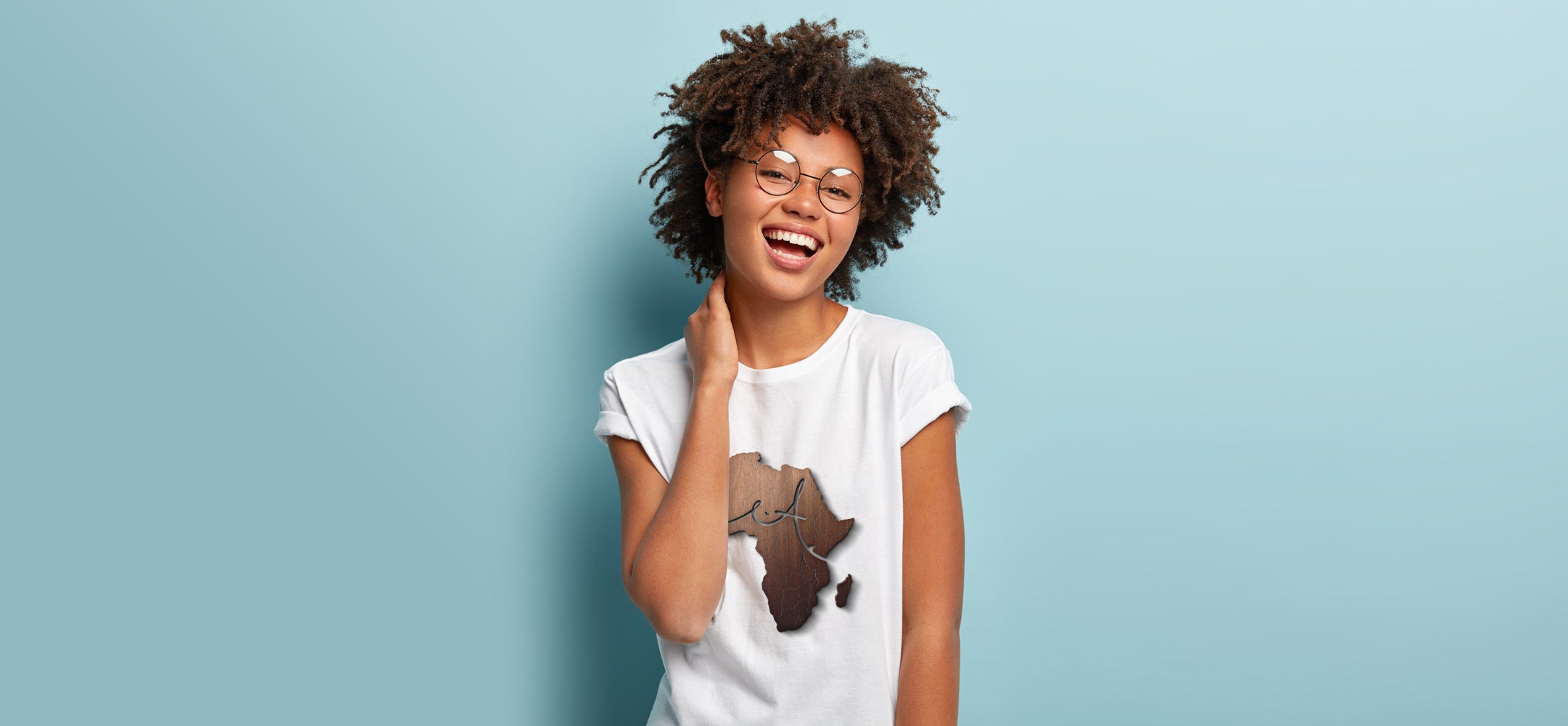 Woman wearing Africa map Abate tee with logo overlayed